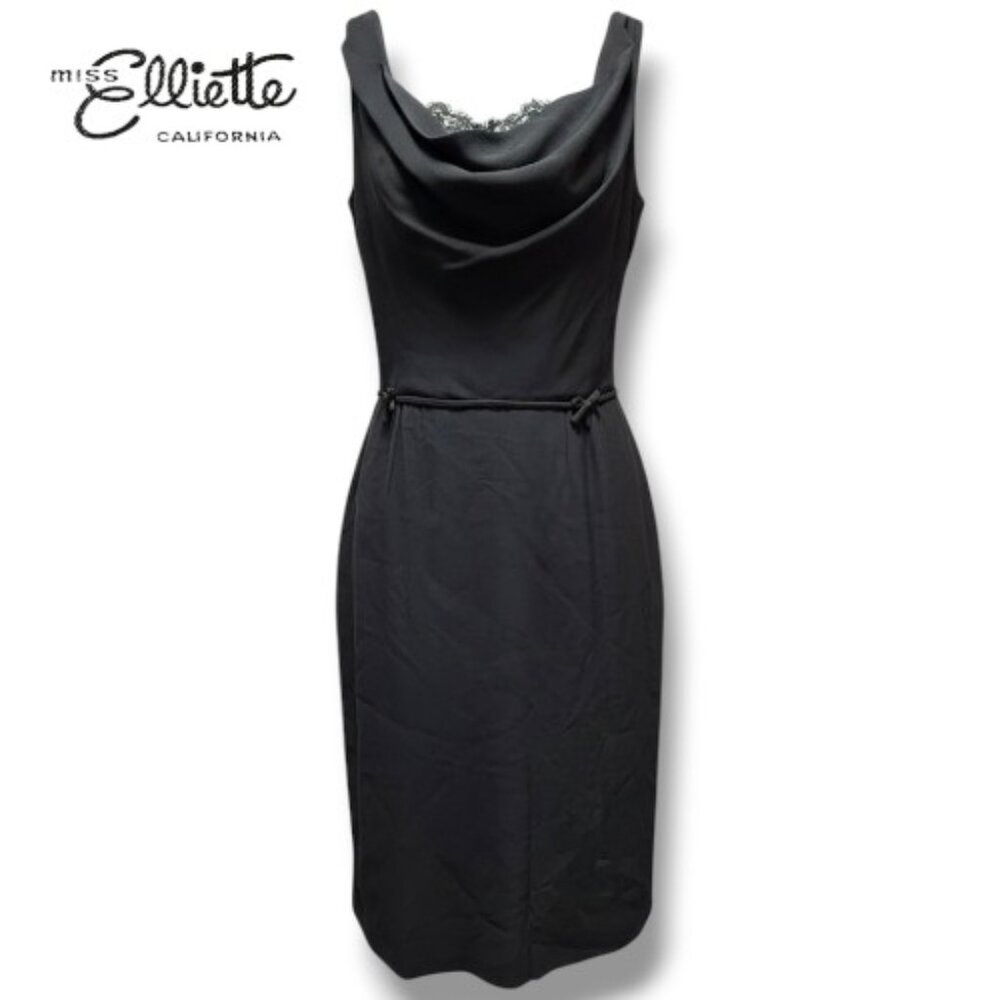 1960s Vintage Cocktail Dress Miss Elliette California Black Cowl Neck Lace LBD